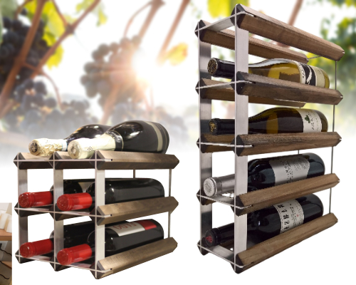 Two wood and metal wine racks holding assorted wine bottles, with grapevines and sunlight in the background. Buy pre-assembled wine racks to bring this elegance into your home.